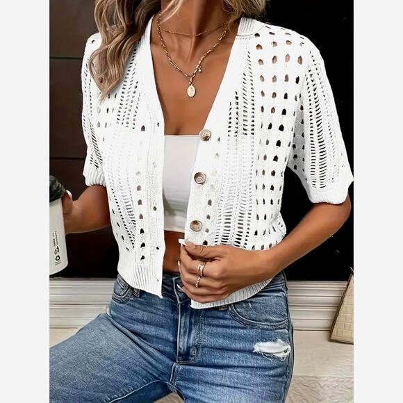 Versatile Comfortable Elegant V-Neck Knitted Cardigan White size 8/10 (L) - Picture 2 of 3